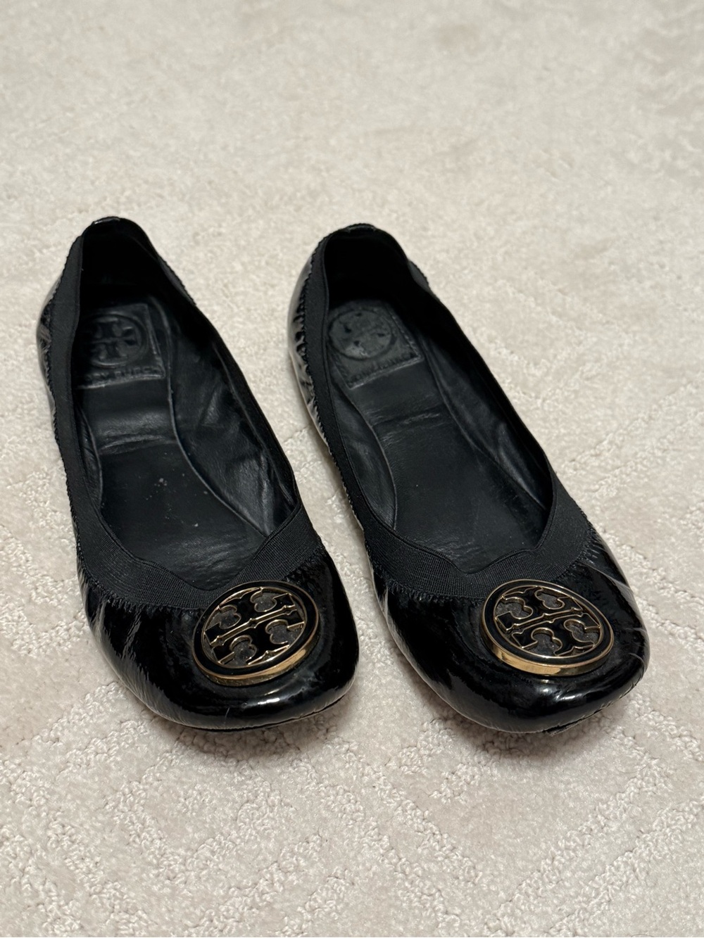 Tory Burch Black Patent Logo-Embellished Ballet Flats